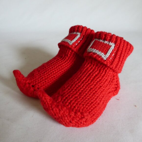 INFANT BABY CHRISTMAS ELF RED KNIT BOOTIES SLIPPERS SOCKS SHOES (NEW) NEVER WORN - Picture 7 of 10
